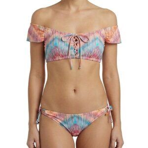 Raisins Bikini Set  L Island Bra Sweet Pea Side Tie Bottom Multi Pink Blue NWT